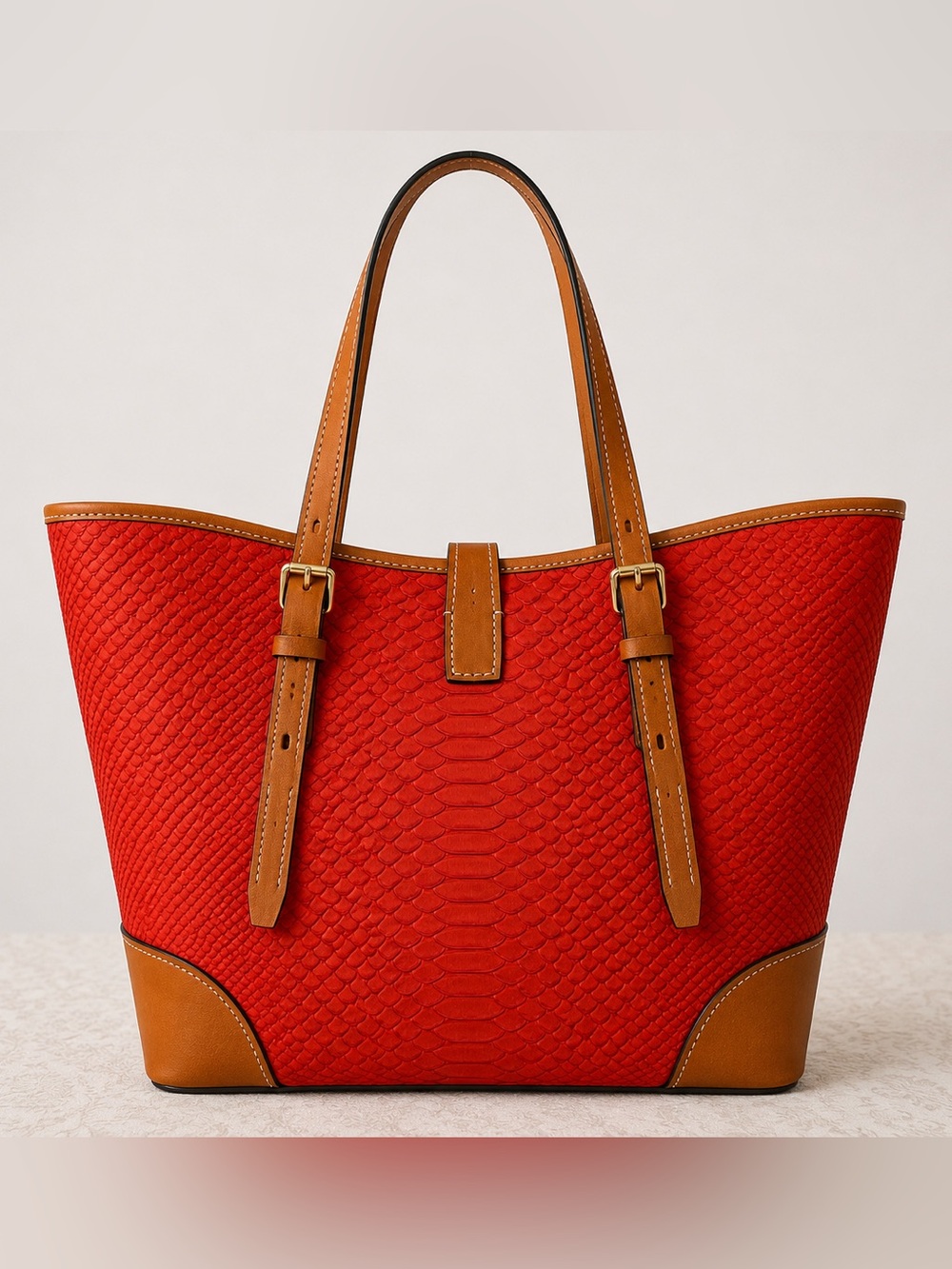 Dooney & Bourke Coral Orange Python Embossed Leather Tote Shoulder Bag Tan Trim - Picture 5 of 14